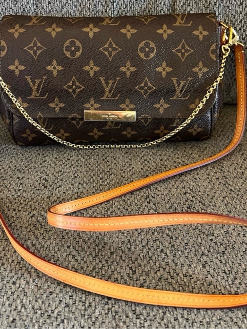 Louis Vuitton Brown Monogram Crossbody with Tan Strap and Gold Chain
